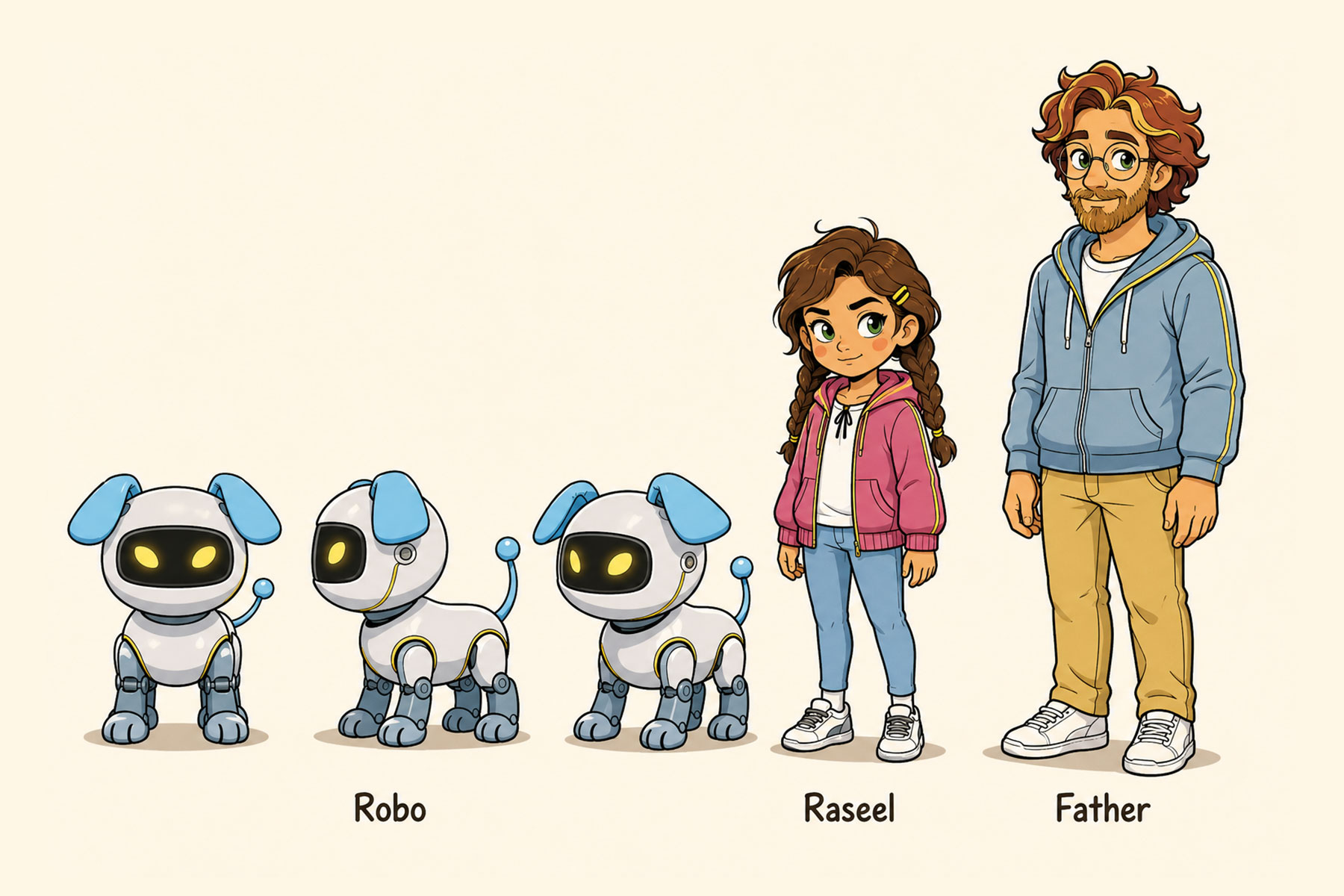 Character reference sheet showing Robo from three angles, Raseel, and Father, all drawn to the same scale