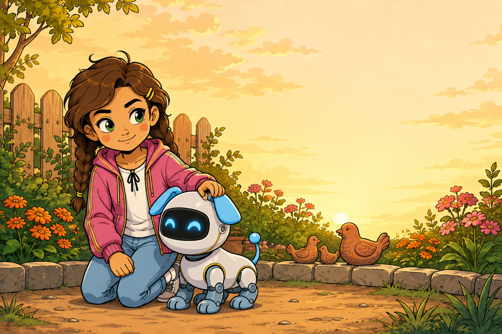 Raseel kneeling beside Robo, her robot companion, in her garden at dusk, with two chicks nearby