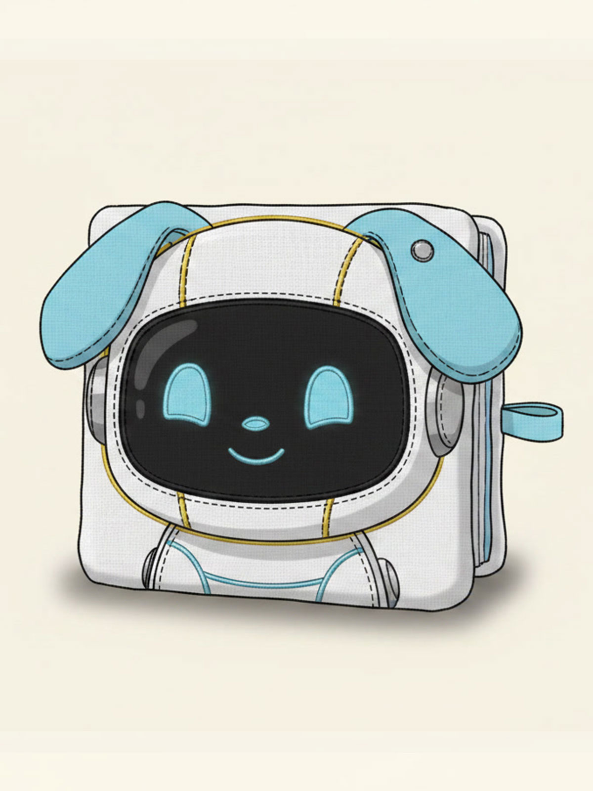 Mockup of the Robo soft cloth book, a plush fabric book with an appliqué-style Robo face on the cover