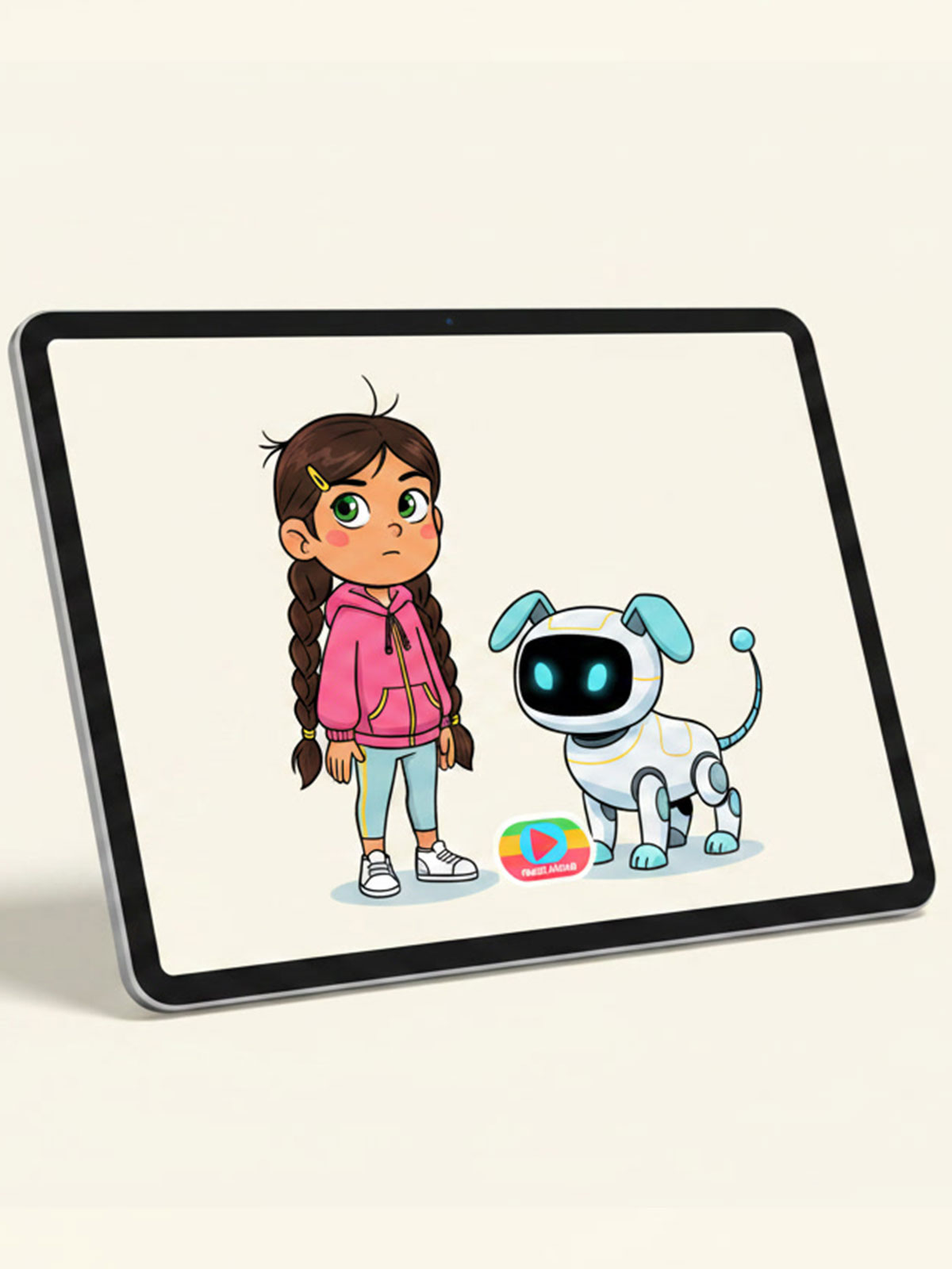 Mockup of a tablet showing the Glimra Stories digital reader, with Raseel and Robo on screen